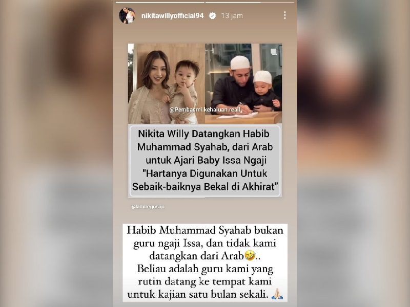 DISEBUT DATANGKAN HABIB DARI ARAB UNTUK AJARI BABY ISSA MENGAJI, NIKITA WILLY BERI KLARIFIKASI VIA INSTAGRAM