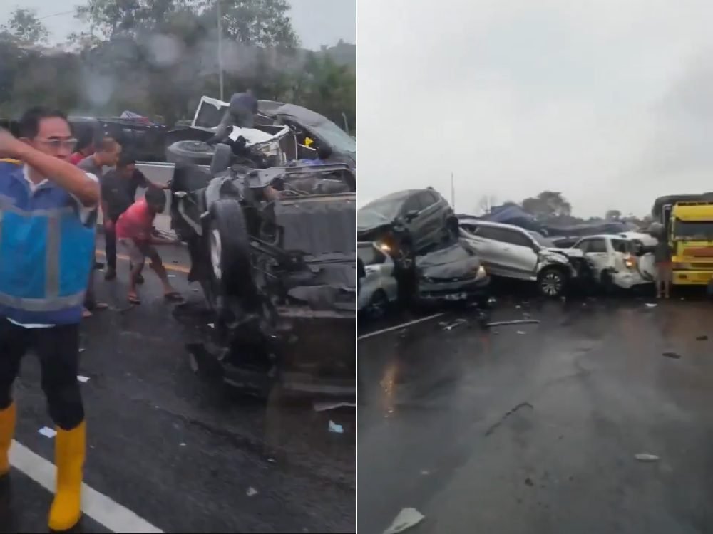 TABRAKAN BERUNTUN DI TOL PURBALEUNYI, SEJUMLAH MOBIL TERBALIK